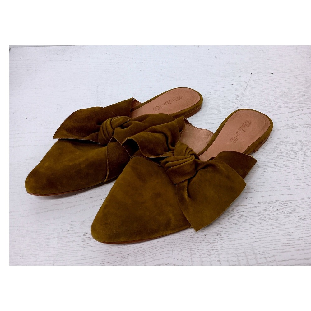 Madewell The Gemma Mule Women 8.5 Brown Suede Pointed Toe Bow Slip On Flat Shoes